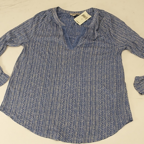 Boho Top Lucky Brand Blue Tan Block Print Look NWT - Picture 7 of 10